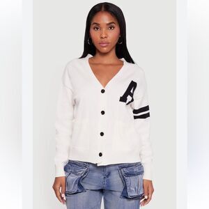 LOVE 3X Ivory Navy A Initial Varsity Stripe Button Front Pocket Cardigan